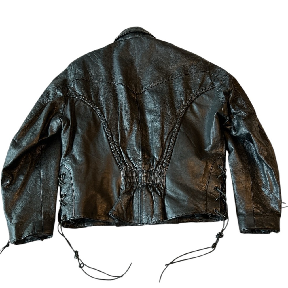 Black Women's Leather Jacket with Braided Detail - Picture 3 of 13